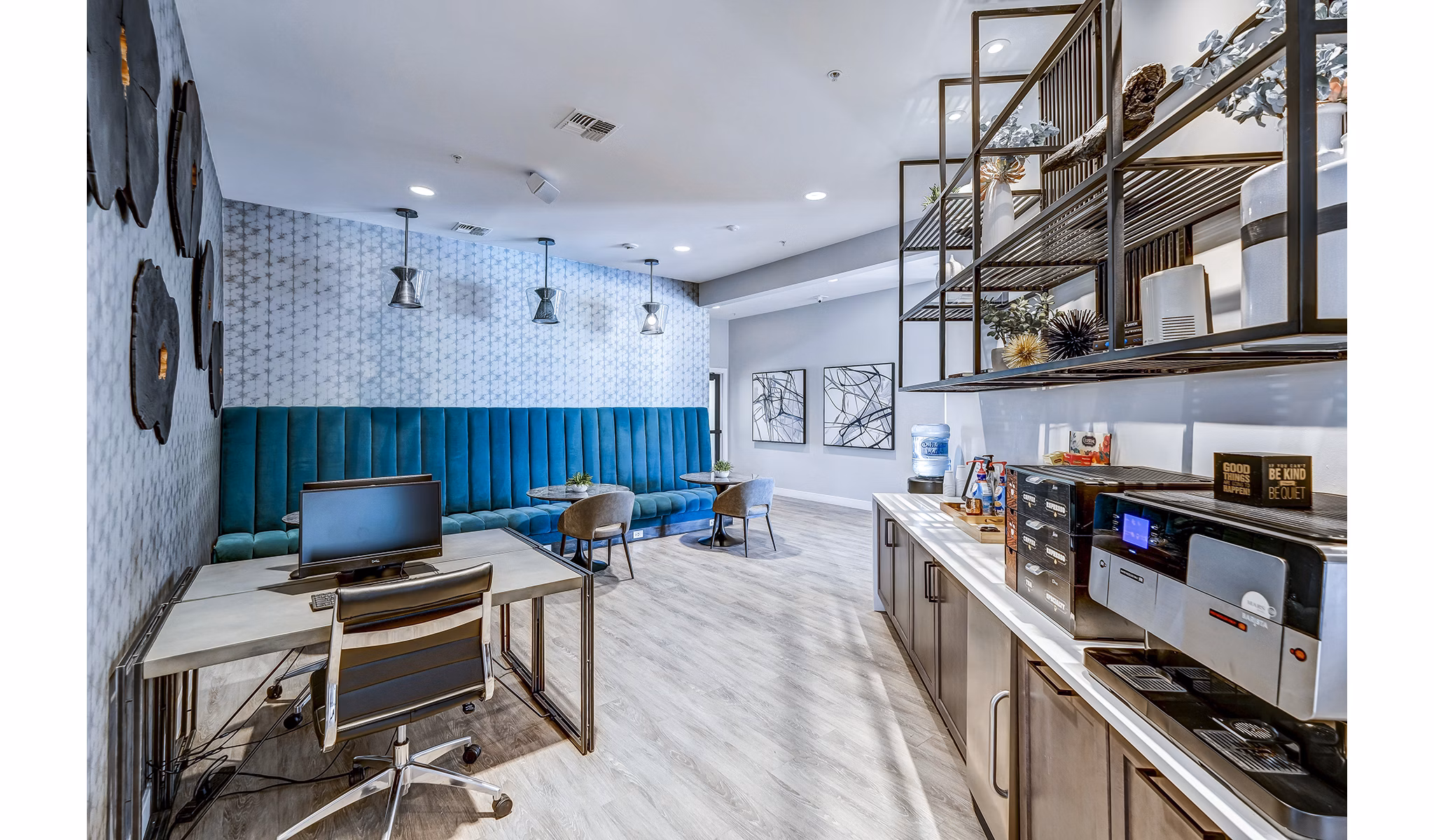 Modern business center featuring workstations at The Fletcher Southlands Apartments