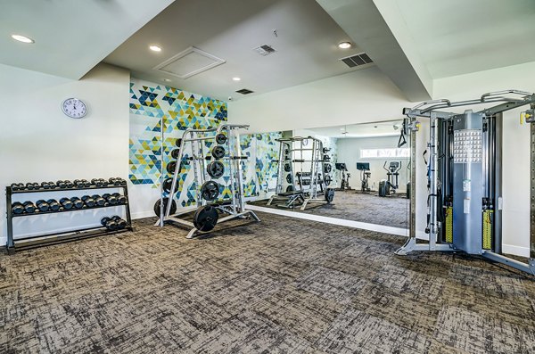 Fully equipped fitness center at The Fletcher Southlands Apartments with state-of-the-art gym machines and weights