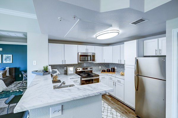 Modern kitchen with stainless steel appliances and granite countertops at The Fletcher Southlands Apartments, luxury living in Denver