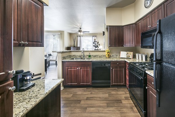 Modern kitchen with stainless steel appliances in Laguna at Arrowhead Ranch apartments