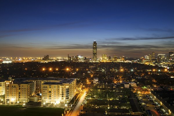Panoramic city view from a luxury apartment balcony at 2929 Weslayan Apartments in Houston