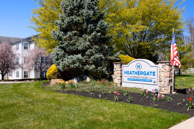 HeatherGate at Oxford Valley: Elegant signage at luxury apartments in a serene setting