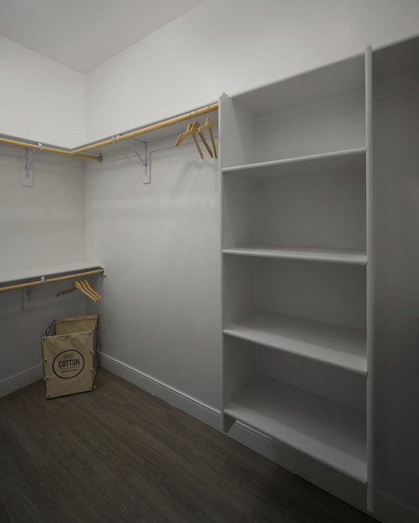 Spacious walk-in closet with built-in shelving at The Tyler Apartments, luxury living space for Greystar residents