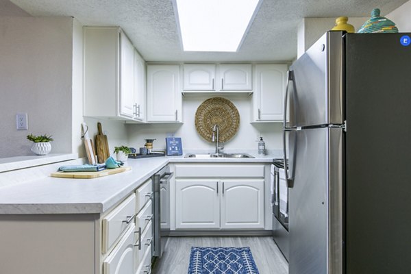 Stride West Apartment: Modern kitchen with stainless steel appliances and sleek countertops in luxury environment