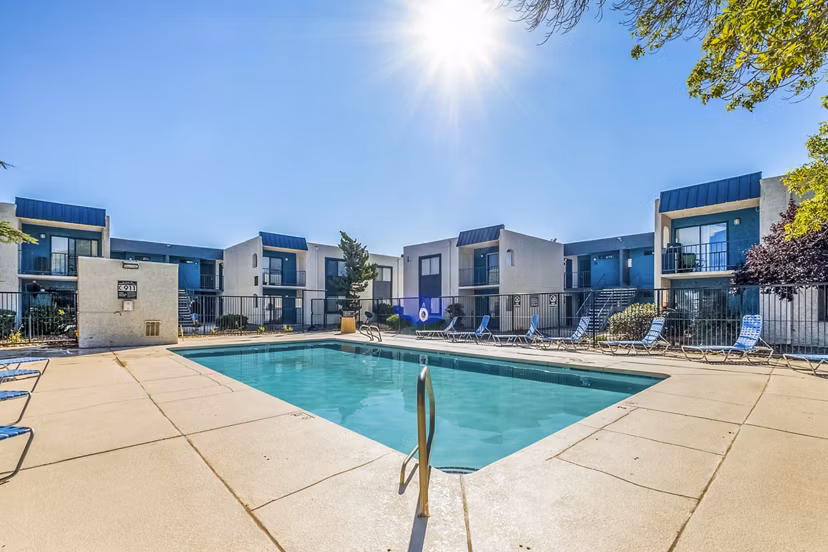 Crystal-clear swimming pool at Stride West Apartments, offering a luxury outdoor experience in top-rated Greystar community