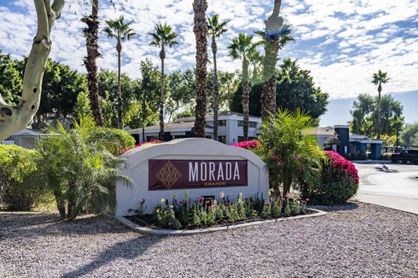 Morada Grande sign surrounded by lush landscaping, featuring palm trees and colorful flowering plants