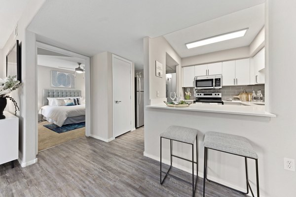 Modern kitchen with stainless steel appliances at Morada Grande Apartments, luxury residences by Greystar
