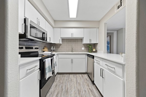 Contemporary kitchen with sleek appliances and granite countertops at Morada Grande Apartments