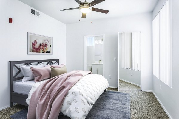 Spacious bedroom with minimalist decor in The Urban Apartments