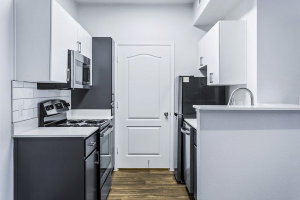 Modern kitchen with stainless steel appliances at The Urban Apartments