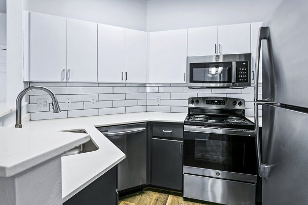 Modern kitchen with stainless steel appliances and granite countertops in The Urban Apartments, luxury living in prime city location