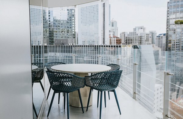 Private patio with modern outdoor seating at REN Apartments offering stunning city views