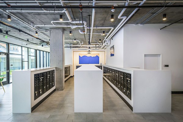 Clubhouse mail room with secure parcel lockers at Union on Broadway Apartments, ideal for residents seeking convenient package management