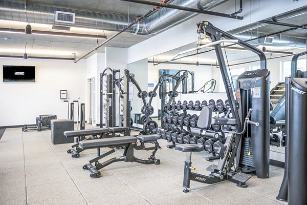 State-of-the-art fitness center with modern equipment at Union on Broadway Apartments