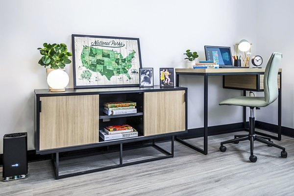 Home office with stylish decor at Union on Broadway Apartments, featuring ergonomic workspace for luxury living in vibrant city setting