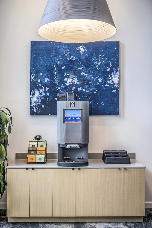 Clubhouse beverage area with sleek countertops and modern seating at The Accolade Apartments