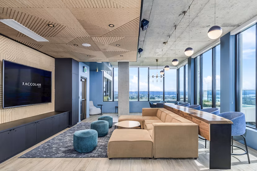 Clubhouse lobby featuring modern design and seating at The Accolade Apartments, luxury living in vibrant city location