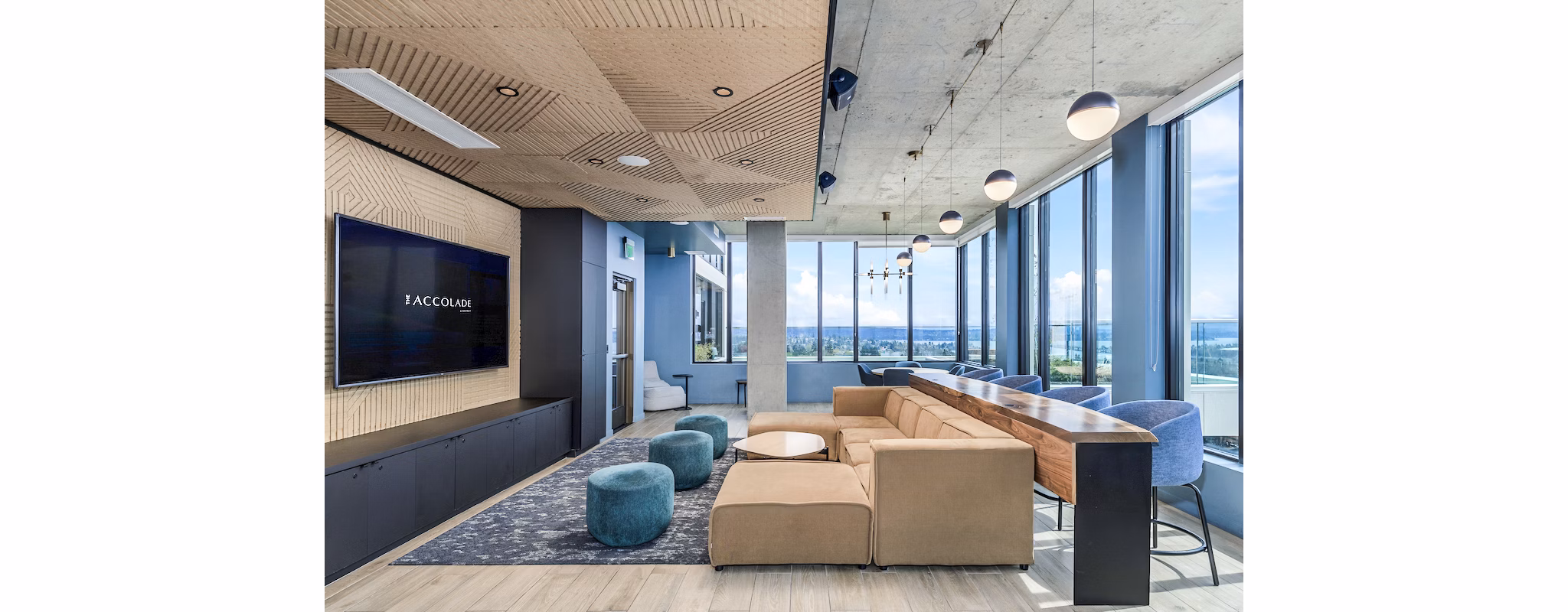 Clubhouse lobby featuring modern design and seating at The Accolade Apartments, luxury living in vibrant city location
