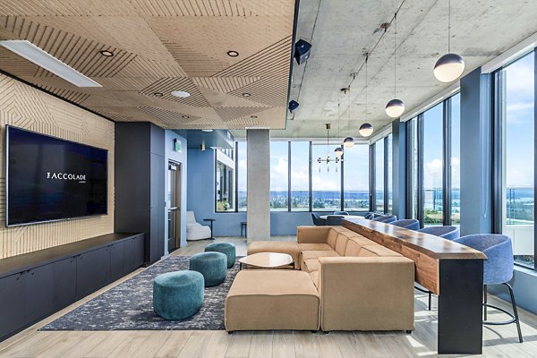 Clubhouse lobby featuring modern design and seating at The Accolade Apartments, luxury living in vibrant city location