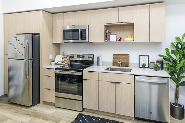 Modern kitchen with stainless steel appliances at The Accolade Apartments, offering luxury living in a Greystar community