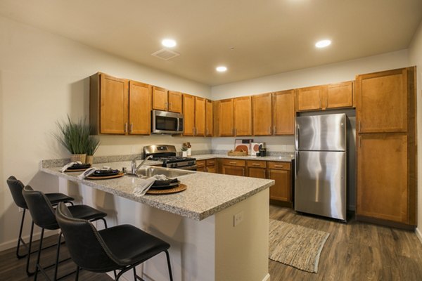 Modern kitchen with stainless steel appliances and granite countertops in South Meadows Apartments