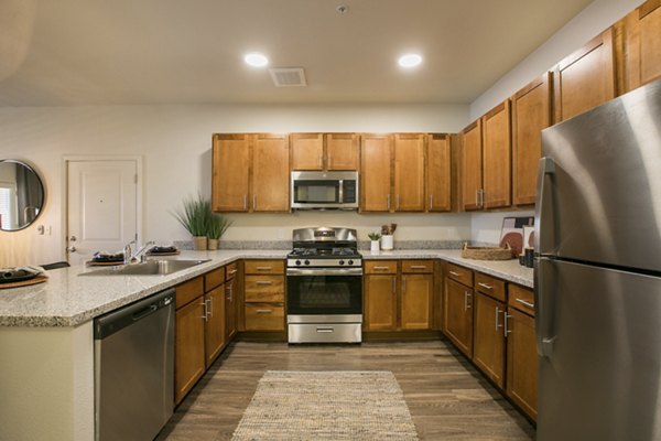 Modern kitchen with stainless steel appliances at South Meadows Apartments in Greystar luxury community