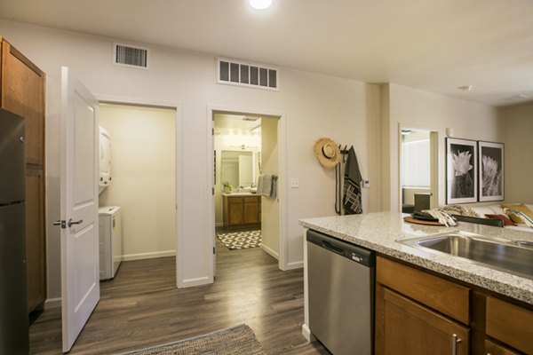 Modern kitchen with stainless steel appliances in South Meadows Apartments