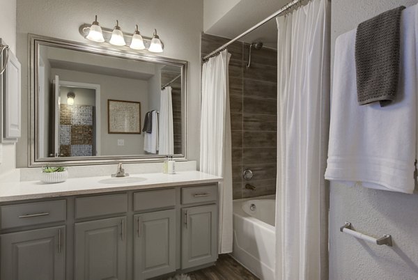 Elegant bathroom with marble countertops and modern fixtures at Preston Peak Apartments