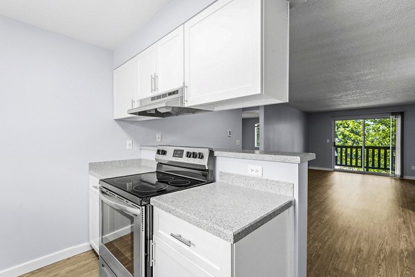 Modern kitchen with stainless steel appliances at Avana West Hill Apartments
