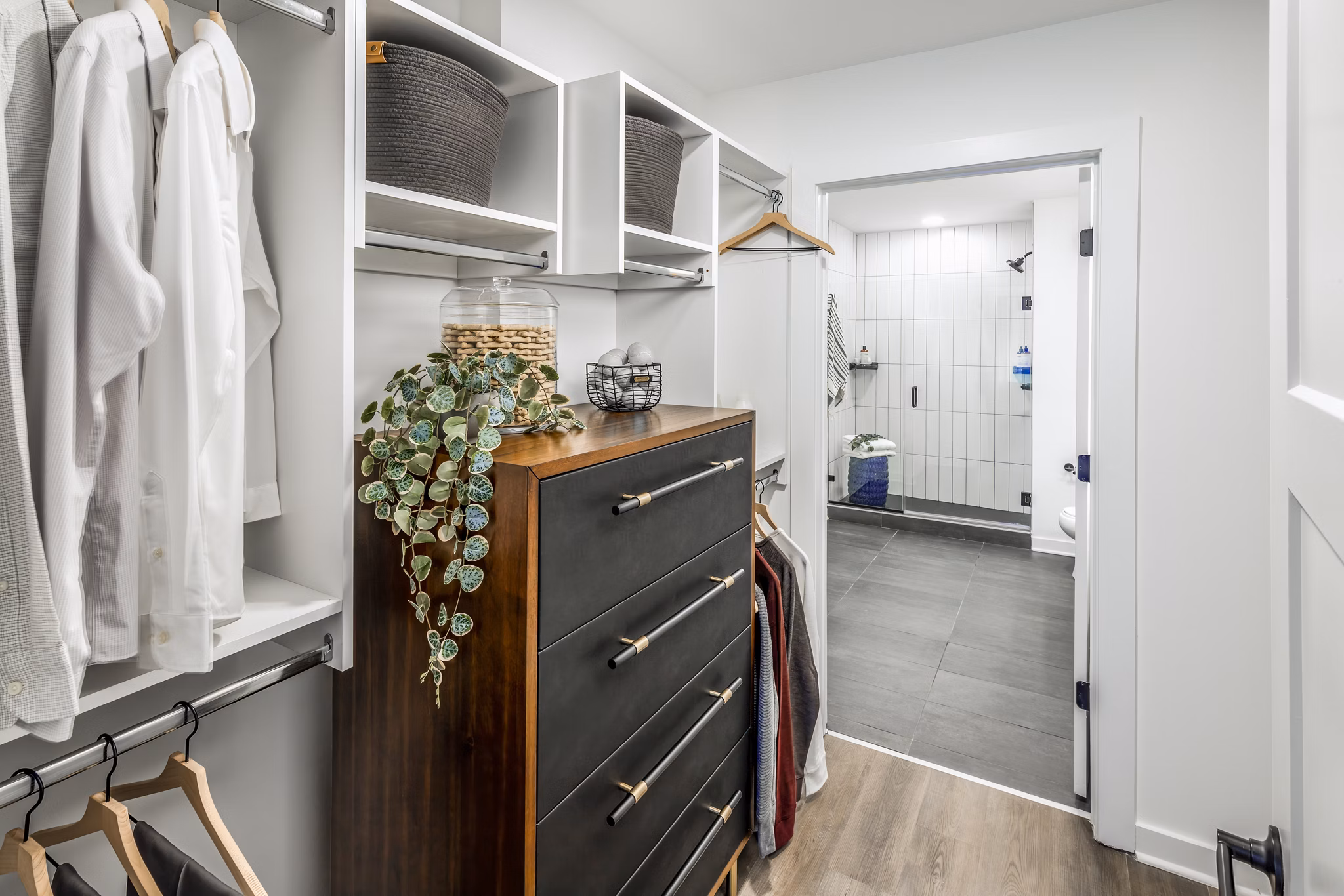 Bedroom closet with custom shelving in luxury Harlowe Apartments