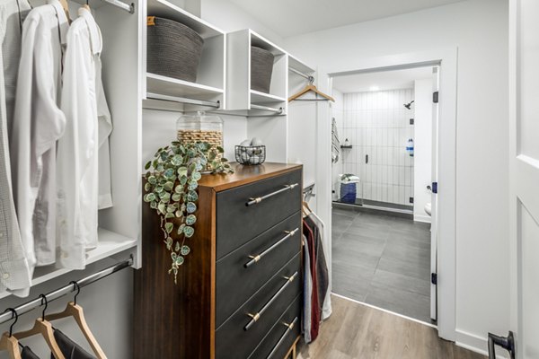 Bedroom closet with custom shelving in luxury Harlowe Apartments