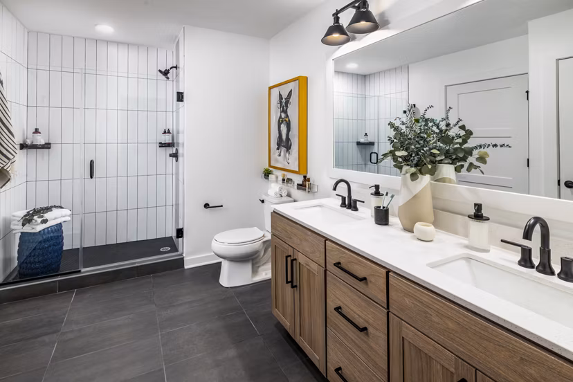 Modern kitchen with stainless steel appliances in Harlowe Apartments