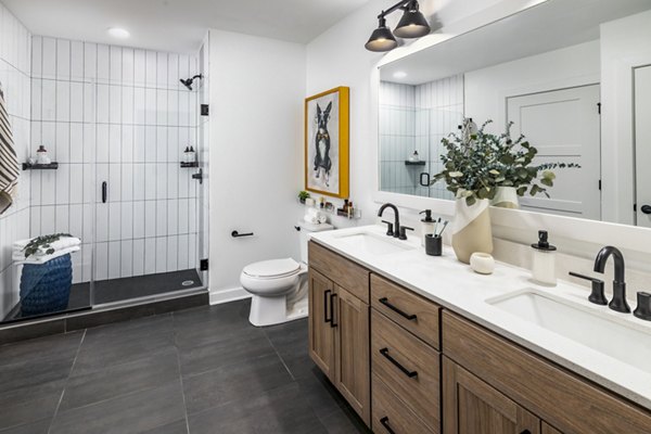 Modern kitchen with stainless steel appliances in Harlowe Apartments