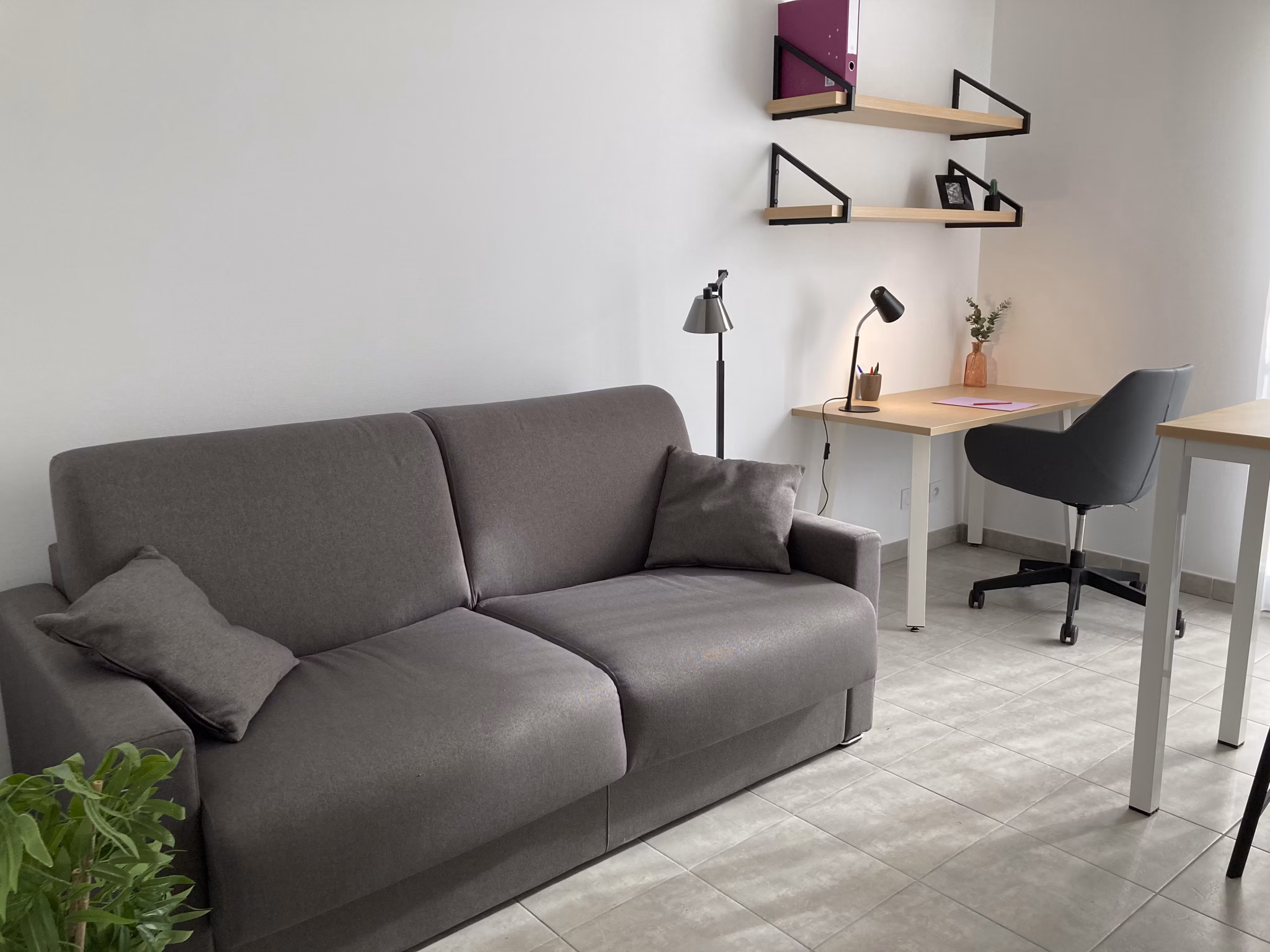 Bright and open living space with a gray sofa, sleek coffee table, and decorative accents creating a comfortable ambiance