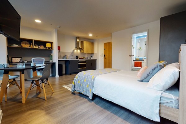 Bright and spacious living room area at Canvas Wembley apartments, featuring modern furniture, large windows, and wooden flooring.
