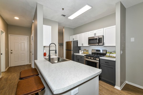 Modern kitchen with stainless steel appliances at Avana Dunwoody Apartments