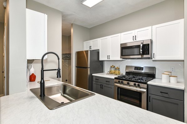 Modern kitchen featuring granite countertops and stainless steel appliances at Avana Dunwoody Apartments