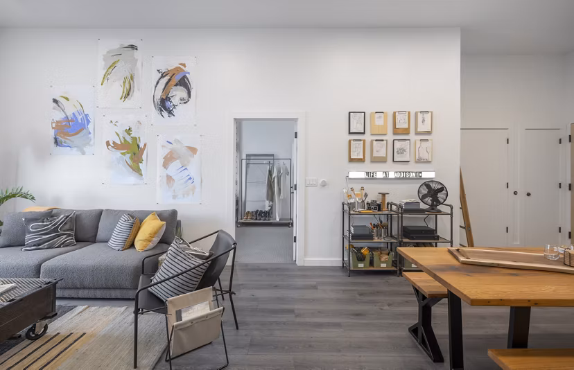 Modern kitchen with stainless steel appliances at Addison Apartments luxury living space