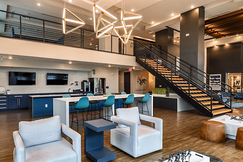 Stylish clubhouse with modern decor at Kestra Apartments offering luxury amenities and communal spaces for residents