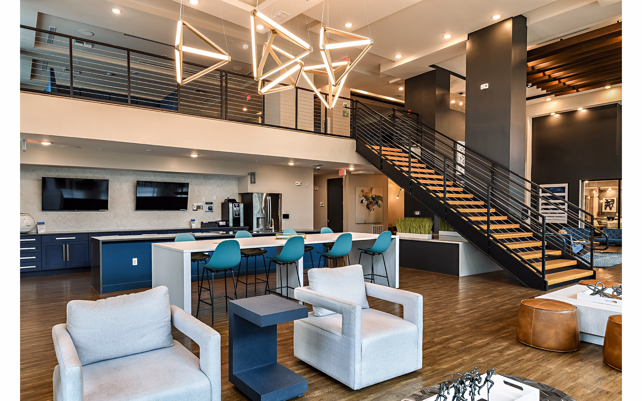 Stylish clubhouse with modern decor at Kestra Apartments offering luxury amenities and communal spaces for residents