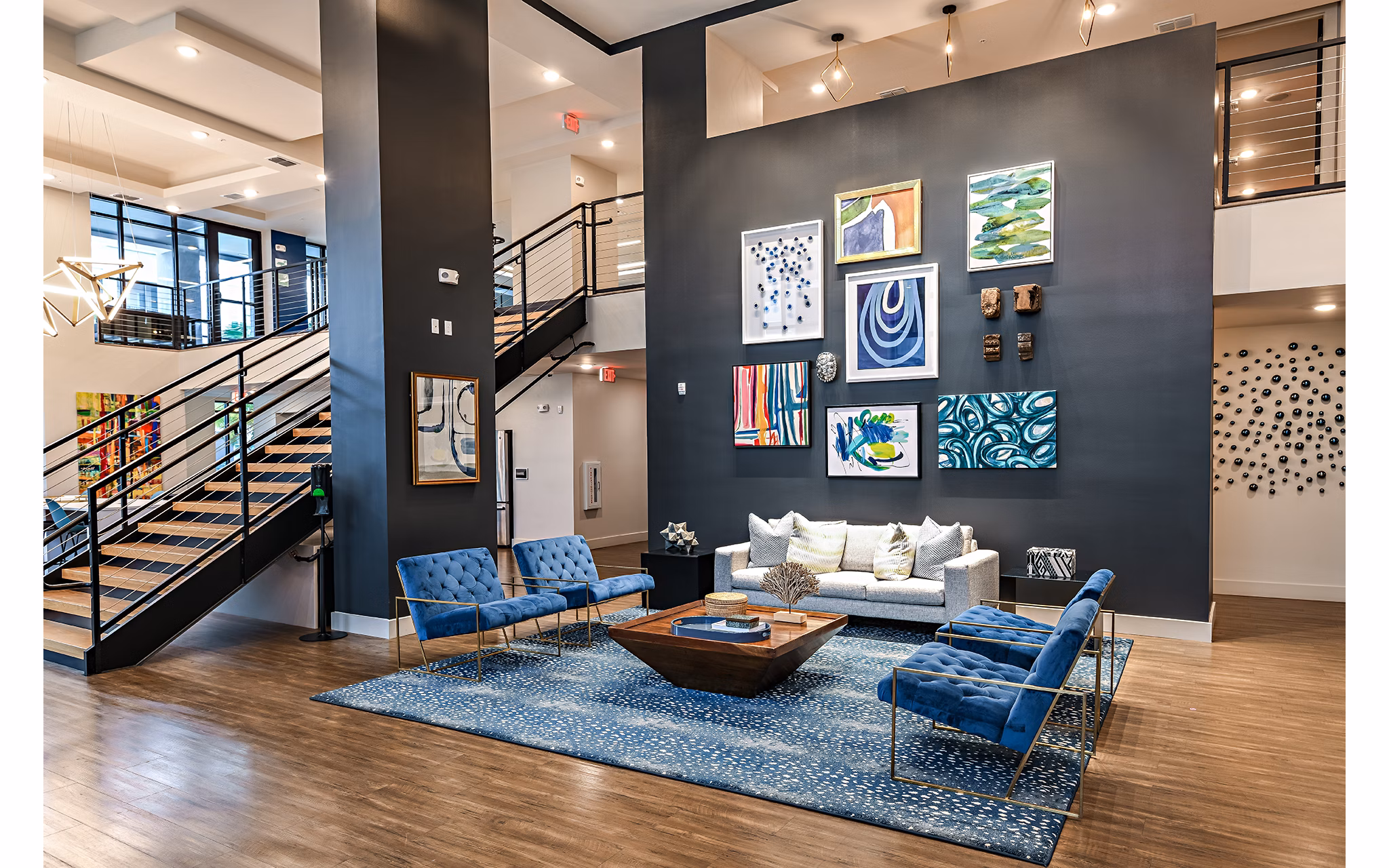 Modern clubhouse with sleek design at Kestra Apartments, showcasing luxury amenities for residents' social gatherings