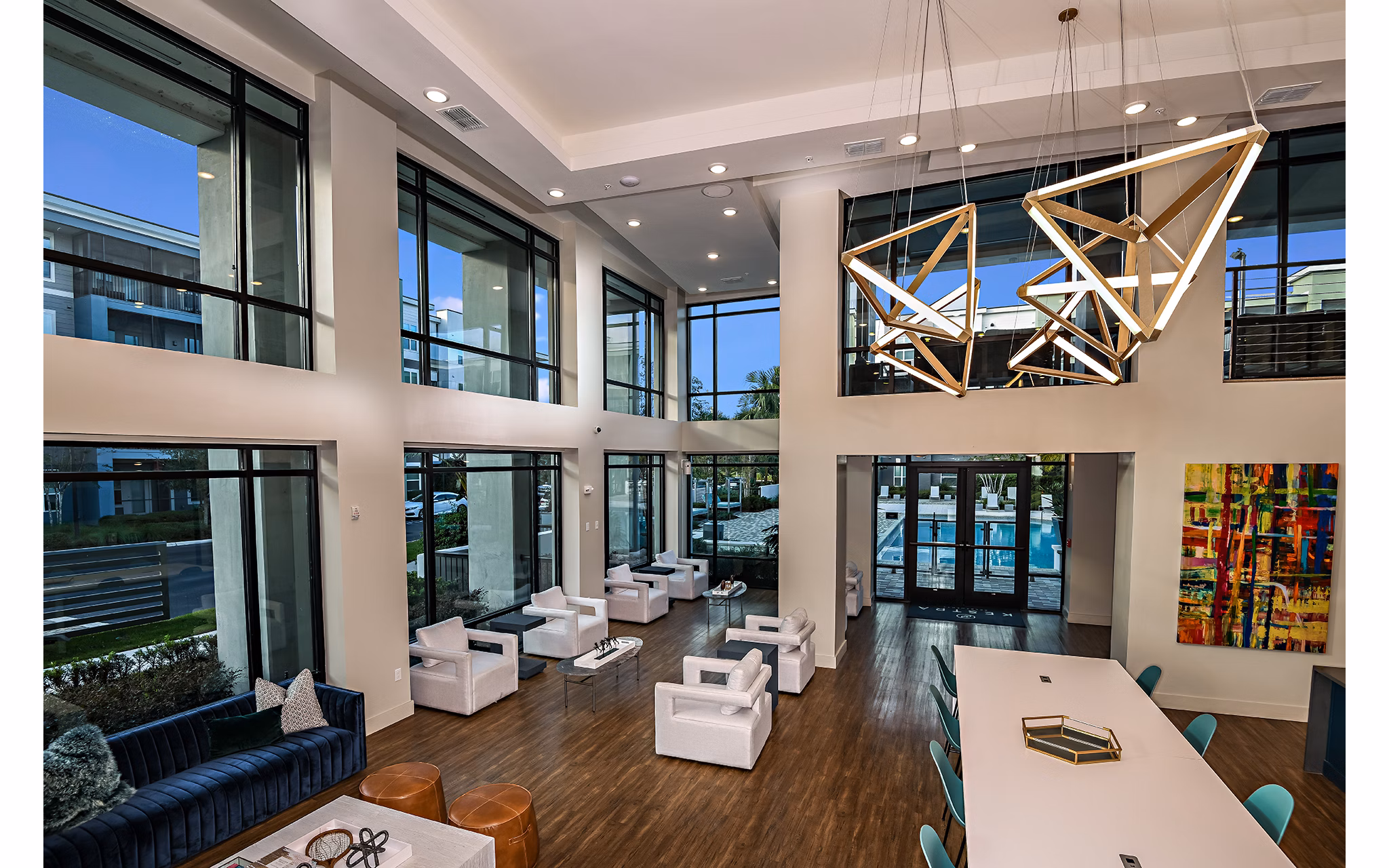 Clubhouse featuring modern lounge areas and entertainment spaces at Kestra Apartments in a luxury Greystar community