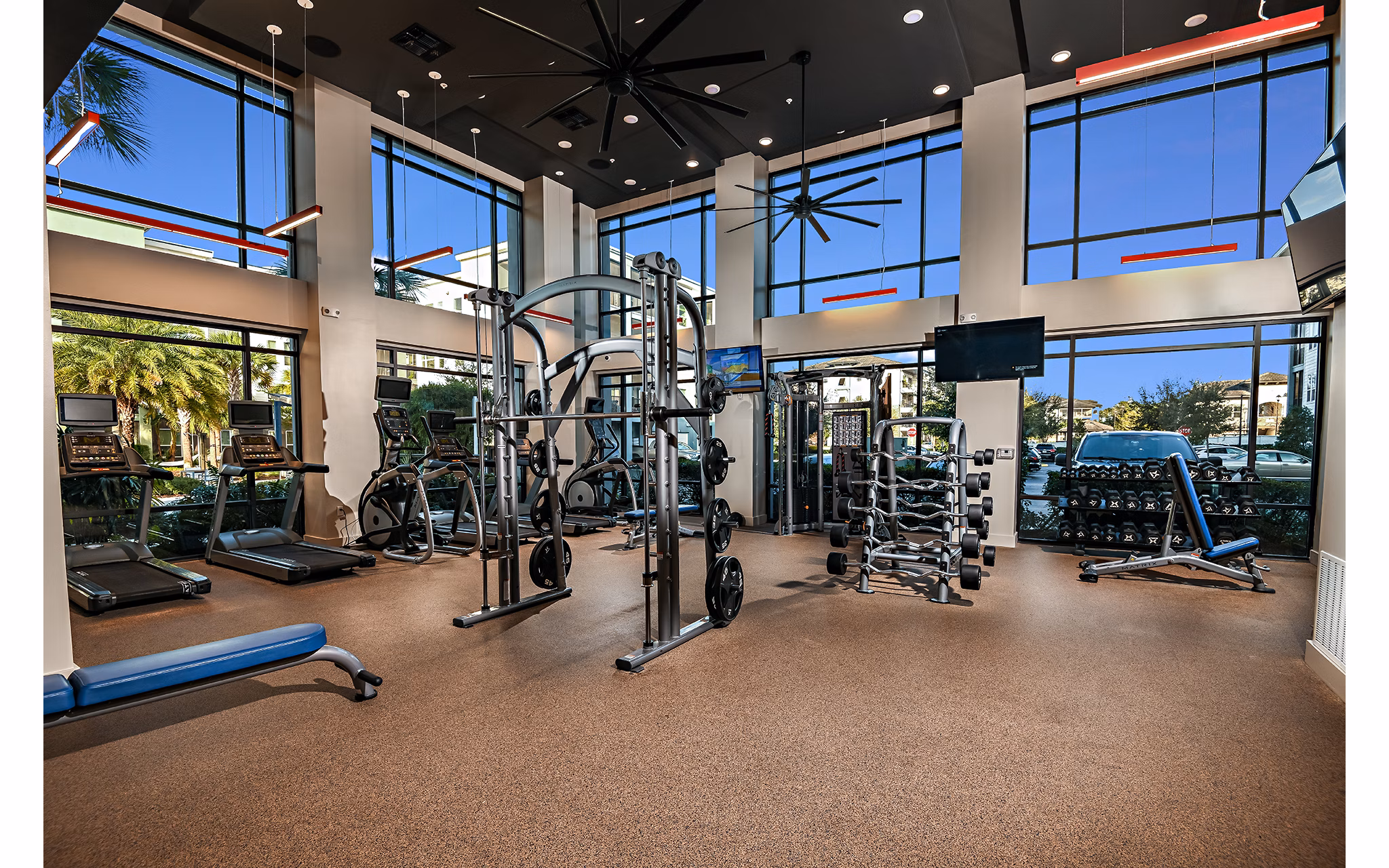 Modern fitness center with state-of-the-art equipment at Kestra Apartments, offering premium workout experiences