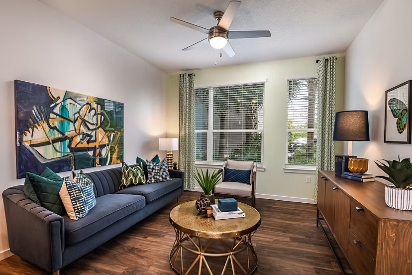 Elegant living room with modern furnishings at Kestra Apartments