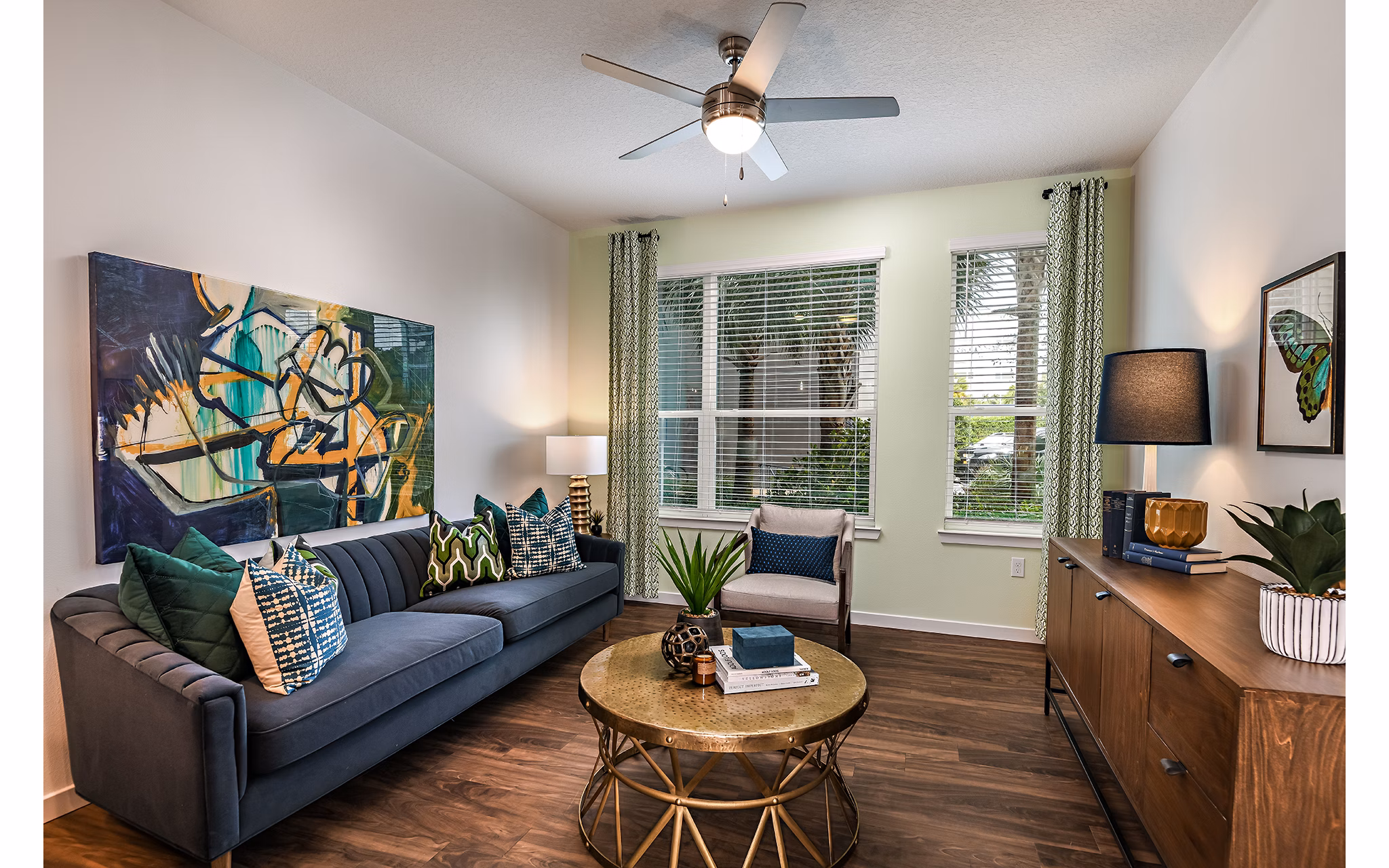 Elegant living room with modern furnishings at Kestra Apartments