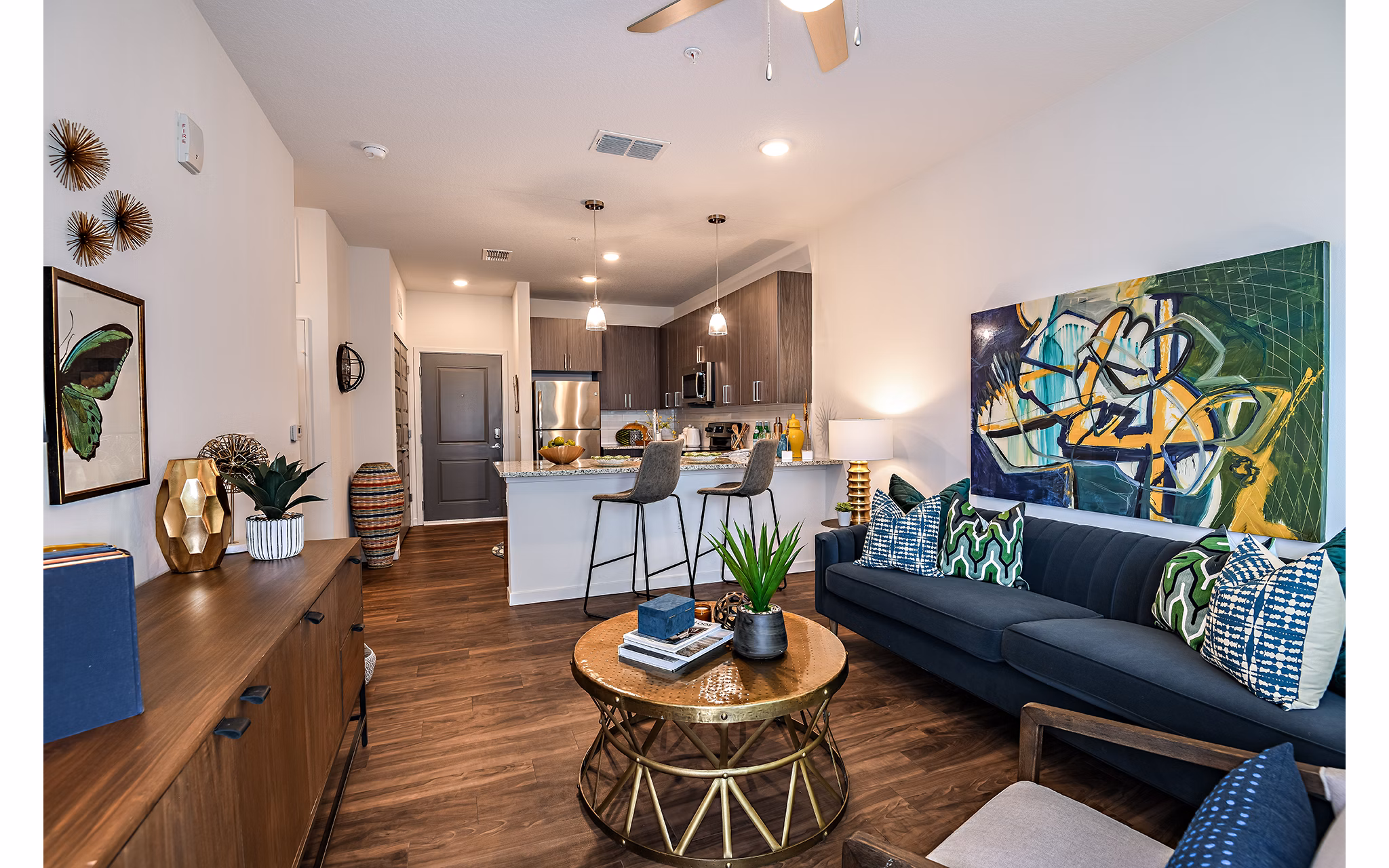 Spacious living room with stylish decor at Kestra Apartments in a vibrant community