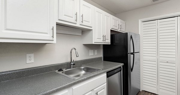 Modern kitchen with granite countertops and stainless steel appliances at Somerset at the Crossings Apartments