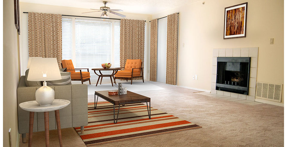 Spacious living room with modern furnishings at Somerset at the Crossings Apartments