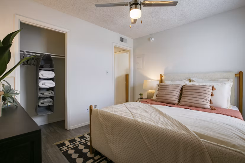 Cozy bedroom with modern design elements at Aydan Apartments: luxury living in the heart of the city