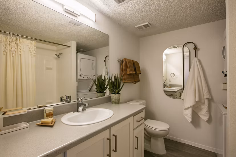 Modern bathroom with sleek fixtures at Aydan Apartments: luxury living experience in Greystar's community